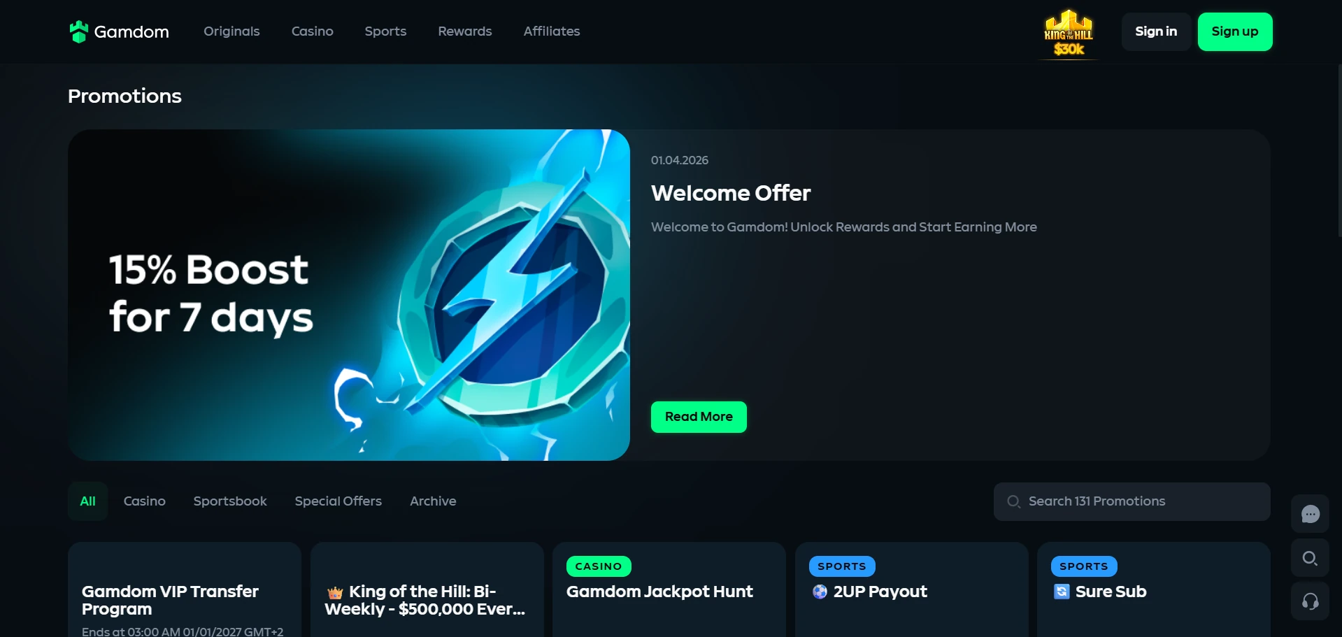 Gamdom promotions on the official site