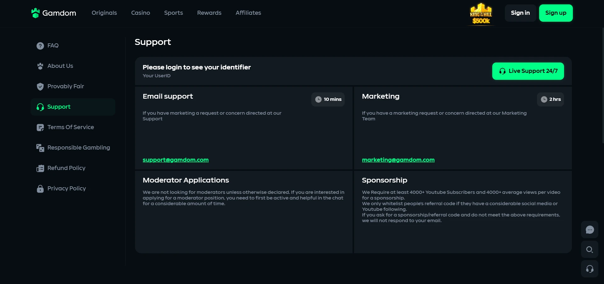 Gamdom support and contact options