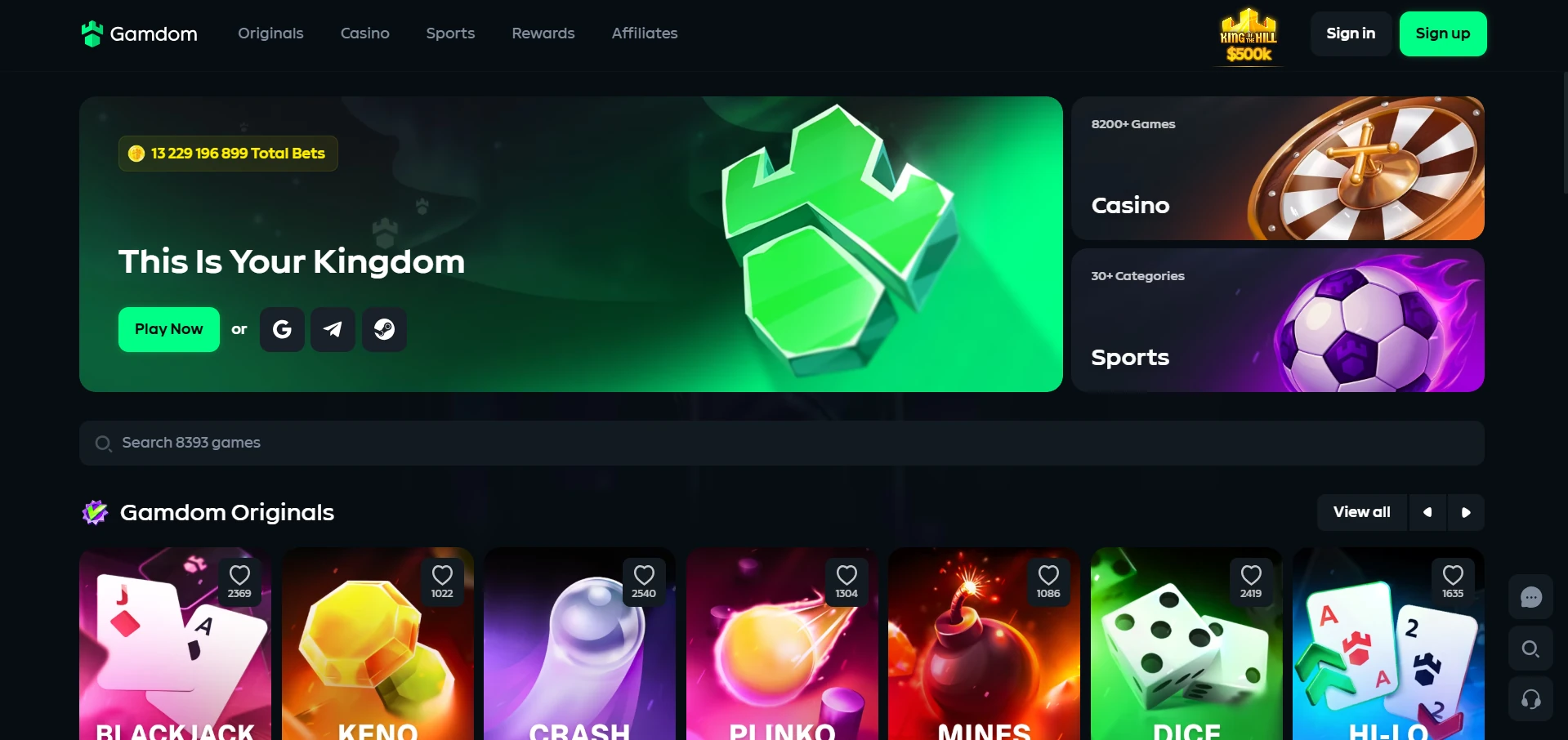 Gamdom homepage on the official site